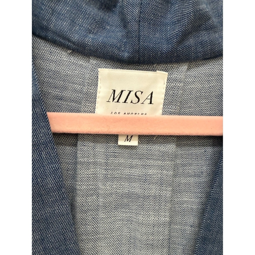 Misa Wrap Blouse Size M Blue Ruffle Bell Sleeve Bow Detail Chambray Style - Picture 5 of 11